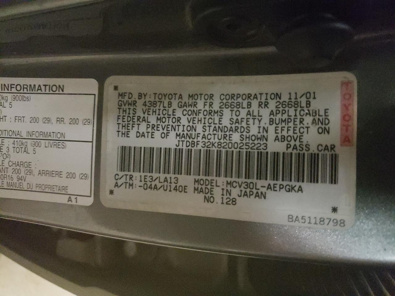 Photo 10 from auction – 2002 TOYOTA CAMRY LE with VIN JTDBF32K820025223