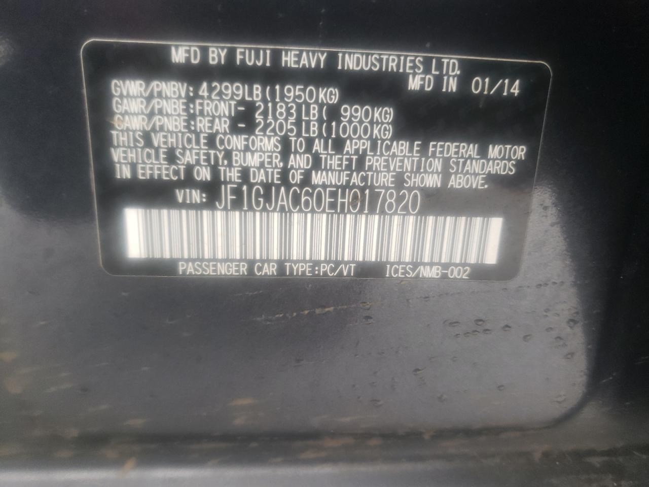 Photo 10 from auction – 2014 SUBARU IMPREZA PR with VIN JF1GJAC60EH017820
