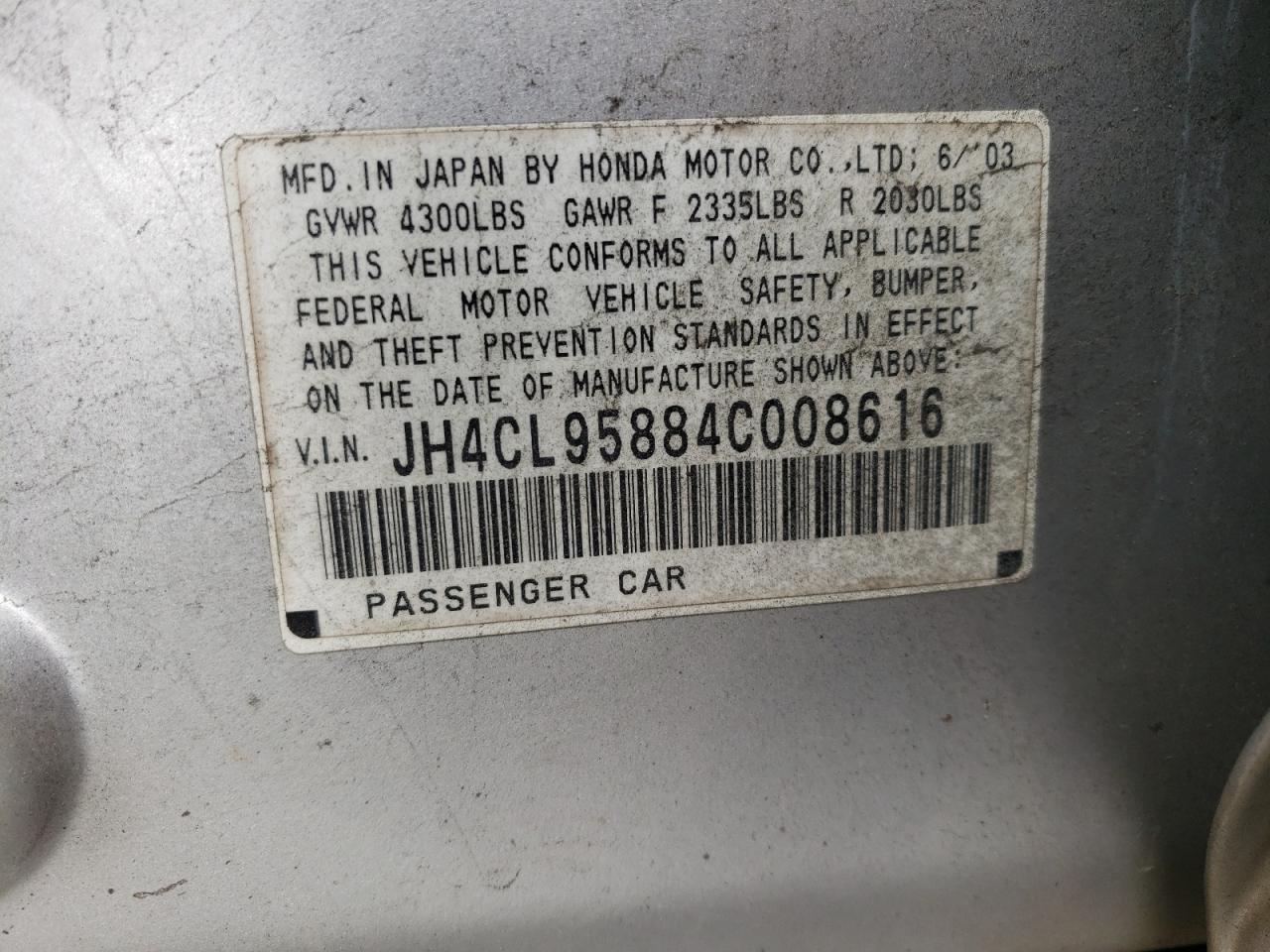 Photo 10 from auction – 2004 ACURA TSX with VIN JH4CL95884C008616