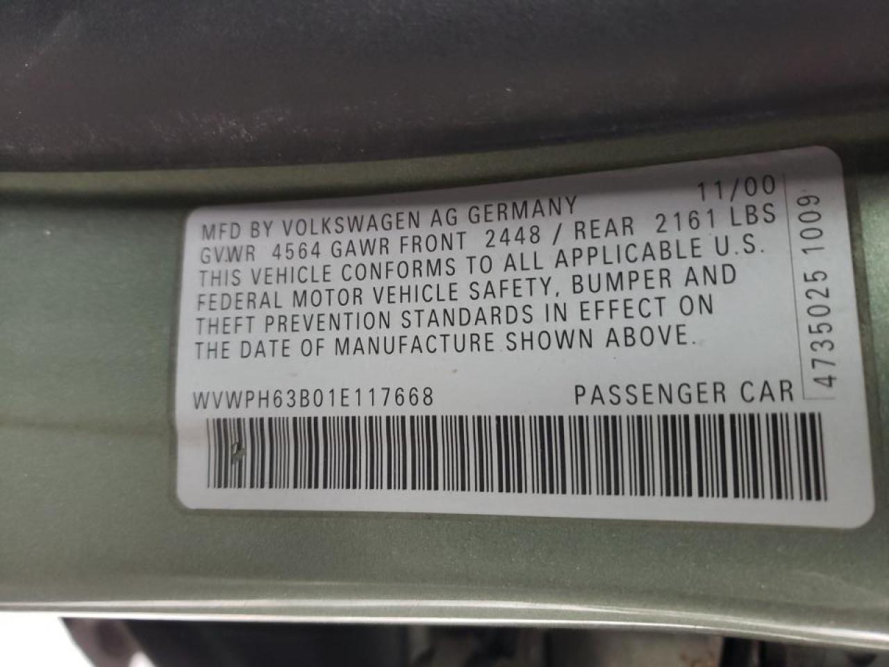 Photo 10 from auction – 2001 VOLKSWAGEN PASSAT GLS with VIN WVWPH63B01E117668