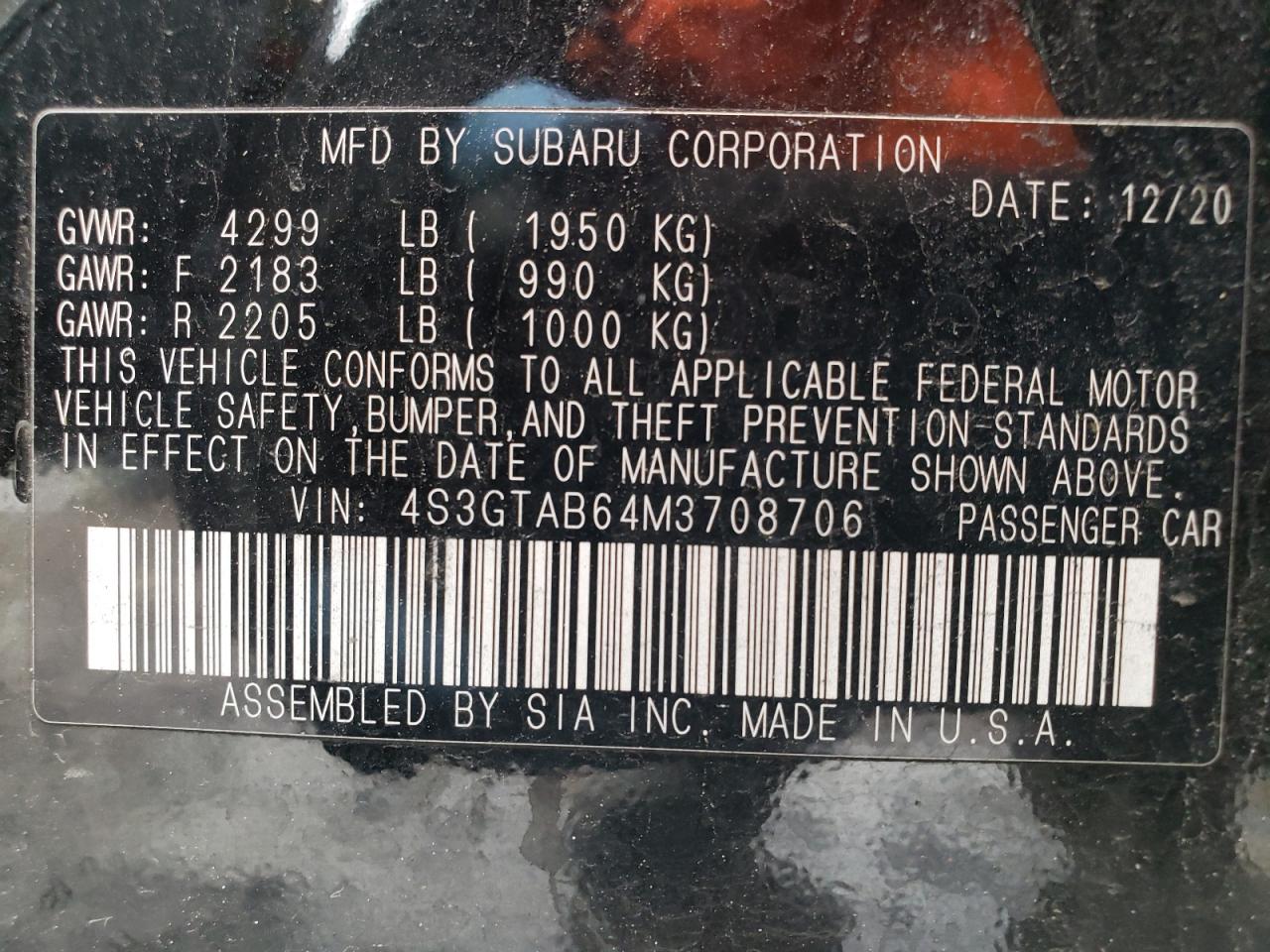 Photo 10 from auction – 2021 SUBARU IMPREZA with VIN 4S3GTAB64M3708706