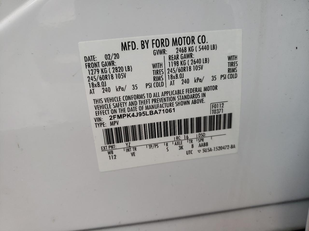 Photo 10 from auction – 2020 FORD EDGE SEL with VIN 2FMPK4J95LBA71061