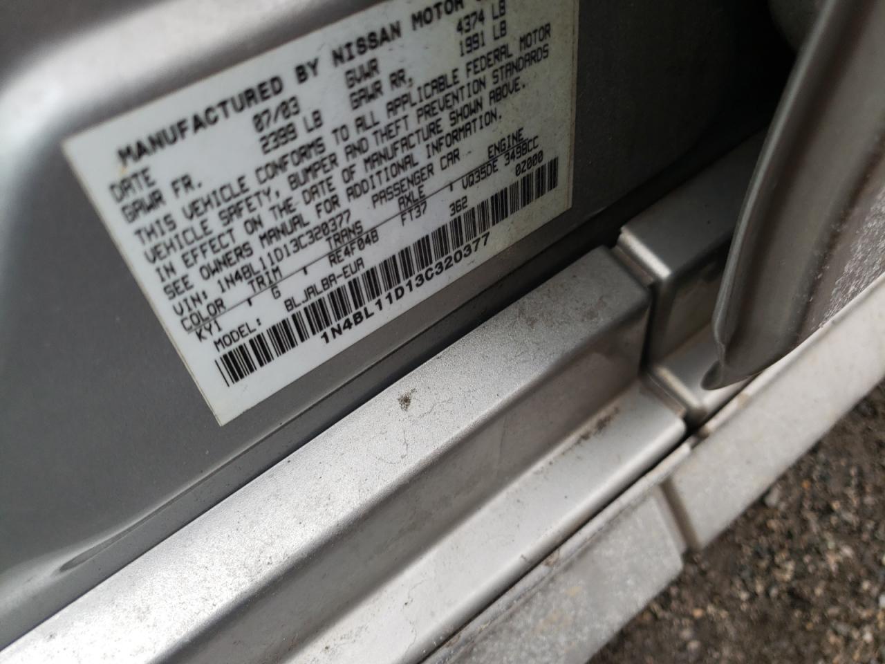 Photo 10 from auction – 2003 NISSAN ALTIMA SE with VIN 1N4BL11D13C320377