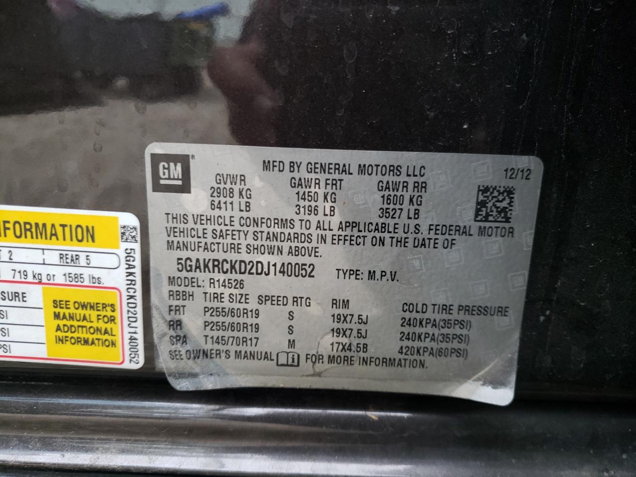 Photo 10 from auction – 2013 BUICK ENCLAVE with VIN 5GAKRCKD2DJ140052