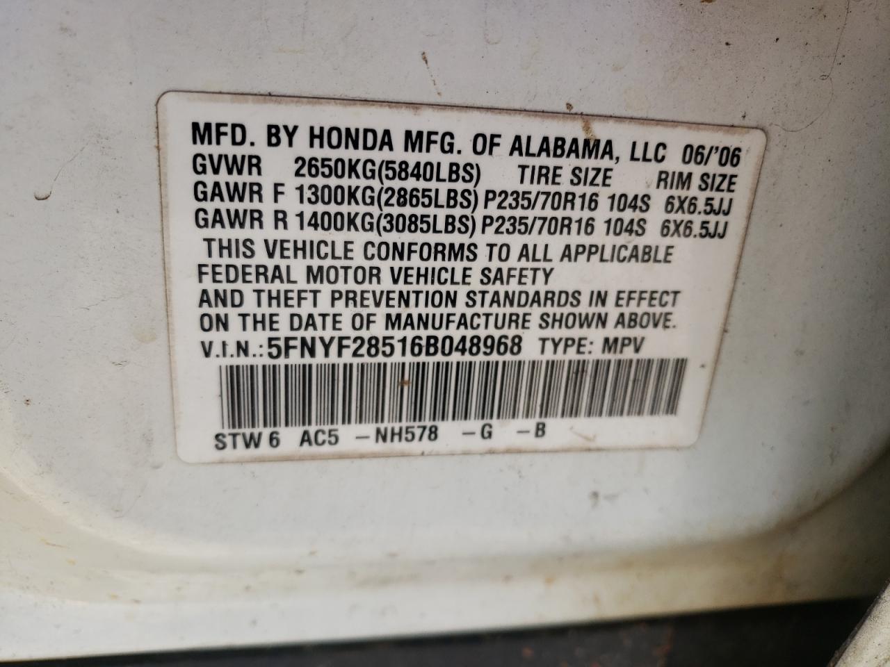 Photo 10 from auction – 2006 HONDA PILOT EX with VIN 5FNYF28516B048968