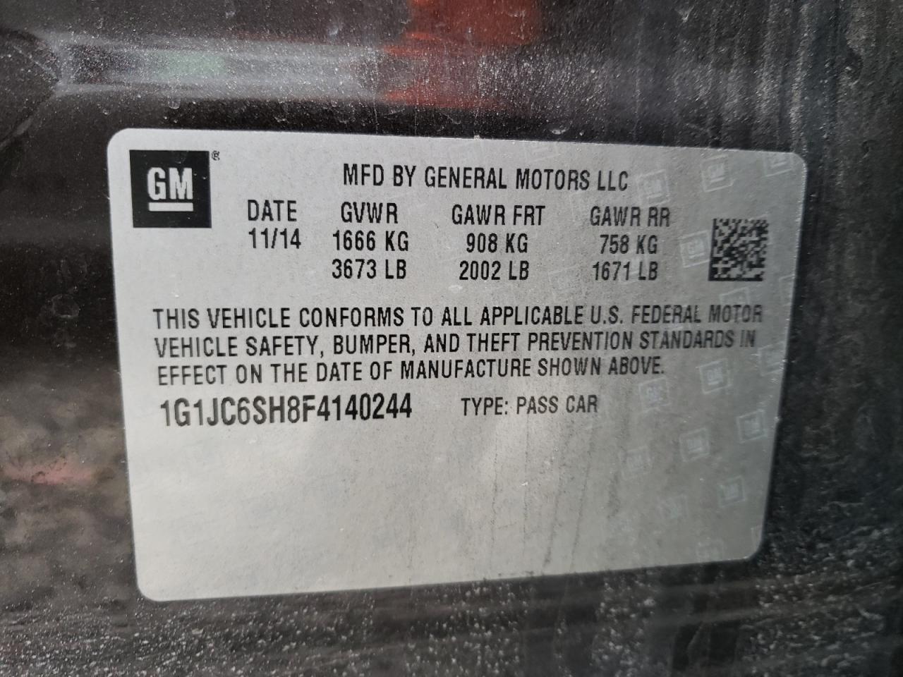 Photo 10 from auction – 2015 CHEVROLET SONIC LT with VIN 1G1JC6SH8F4140244