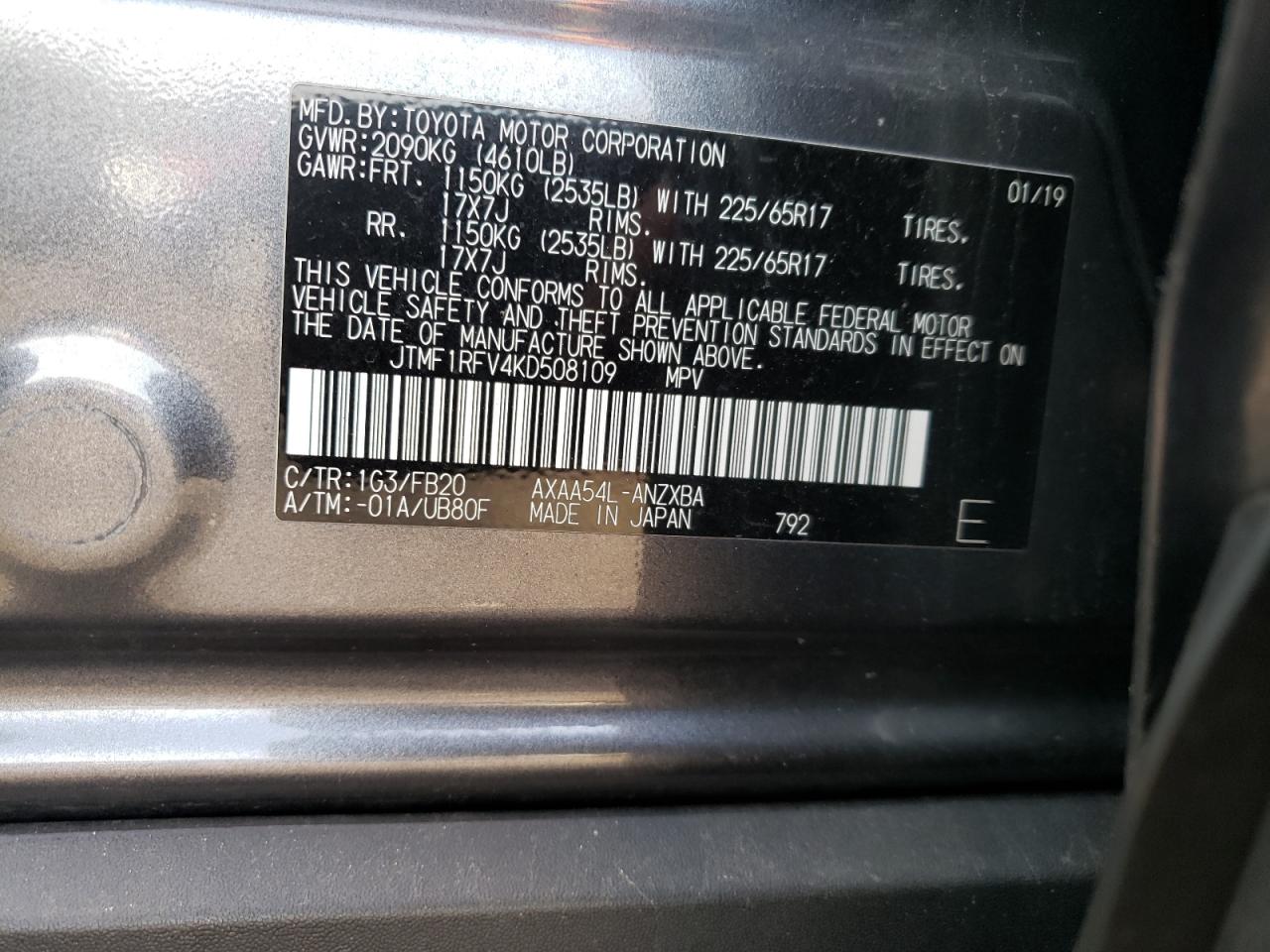 Photo 10 from auction – 2019 TOYOTA RAV4 LE with VIN JTMF1RFV4KD508109