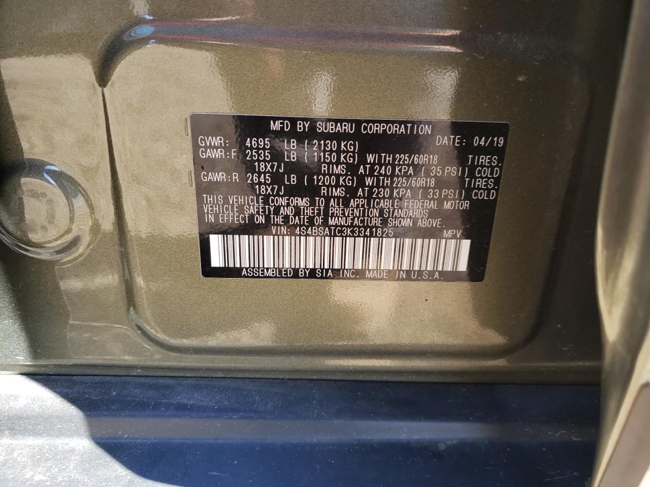 Photo 10 from auction – 2019 SUBARU OUTBACK TO with VIN 4S4BSATC3K3341825