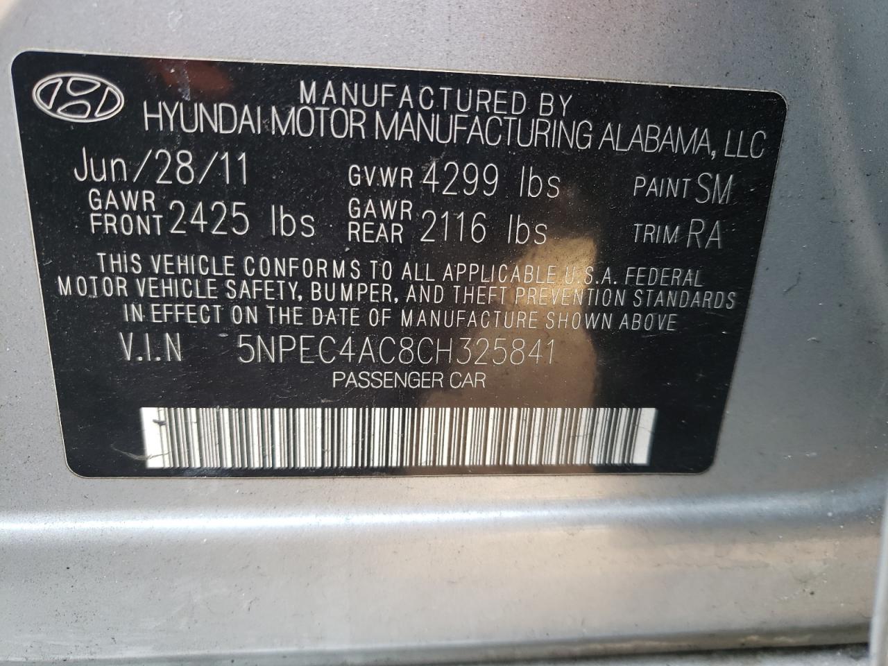 Photo 10 from auction – 2012 HYUNDAI SONATA SE with VIN 5NPEC4AC8CH325841
