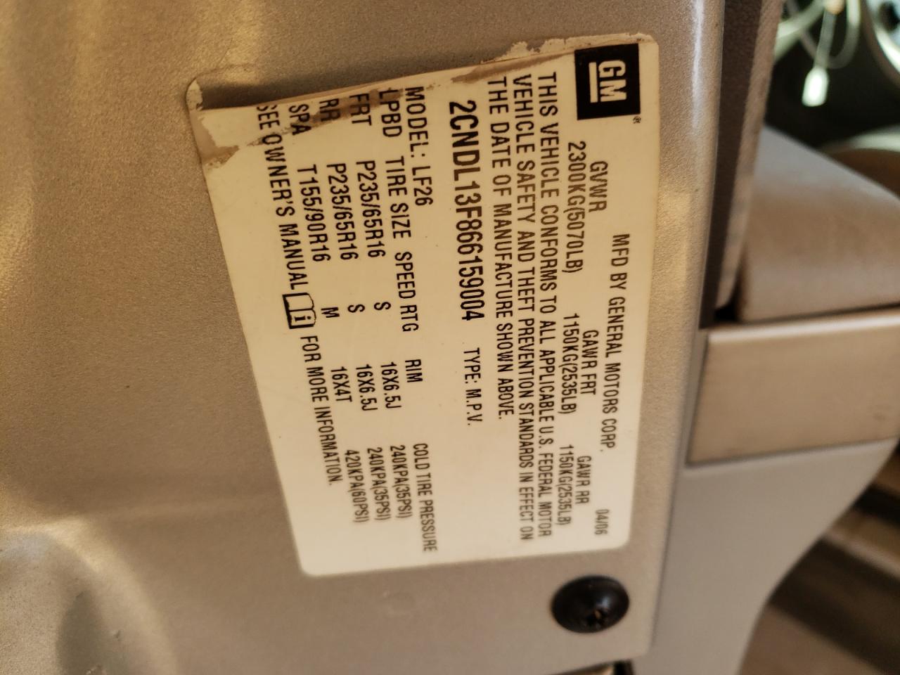 Photo 10 from auction – 2006 CHEVROLET EQUINOX LS with VIN 2CNDL13F866159004