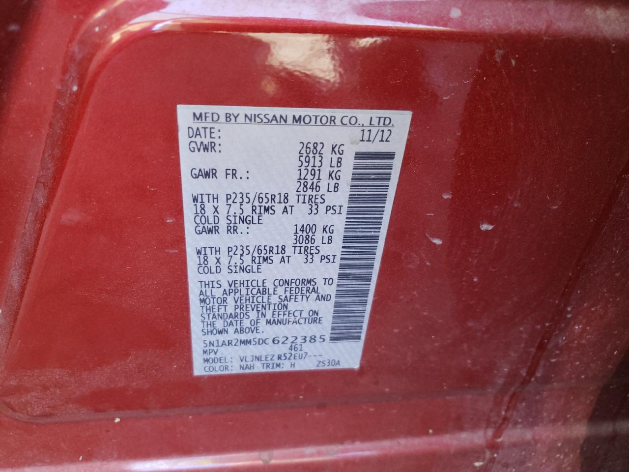 Photo 10 from auction – 2013 NISSAN PATHFINDER with VIN 5N1AR2MM5DC622385