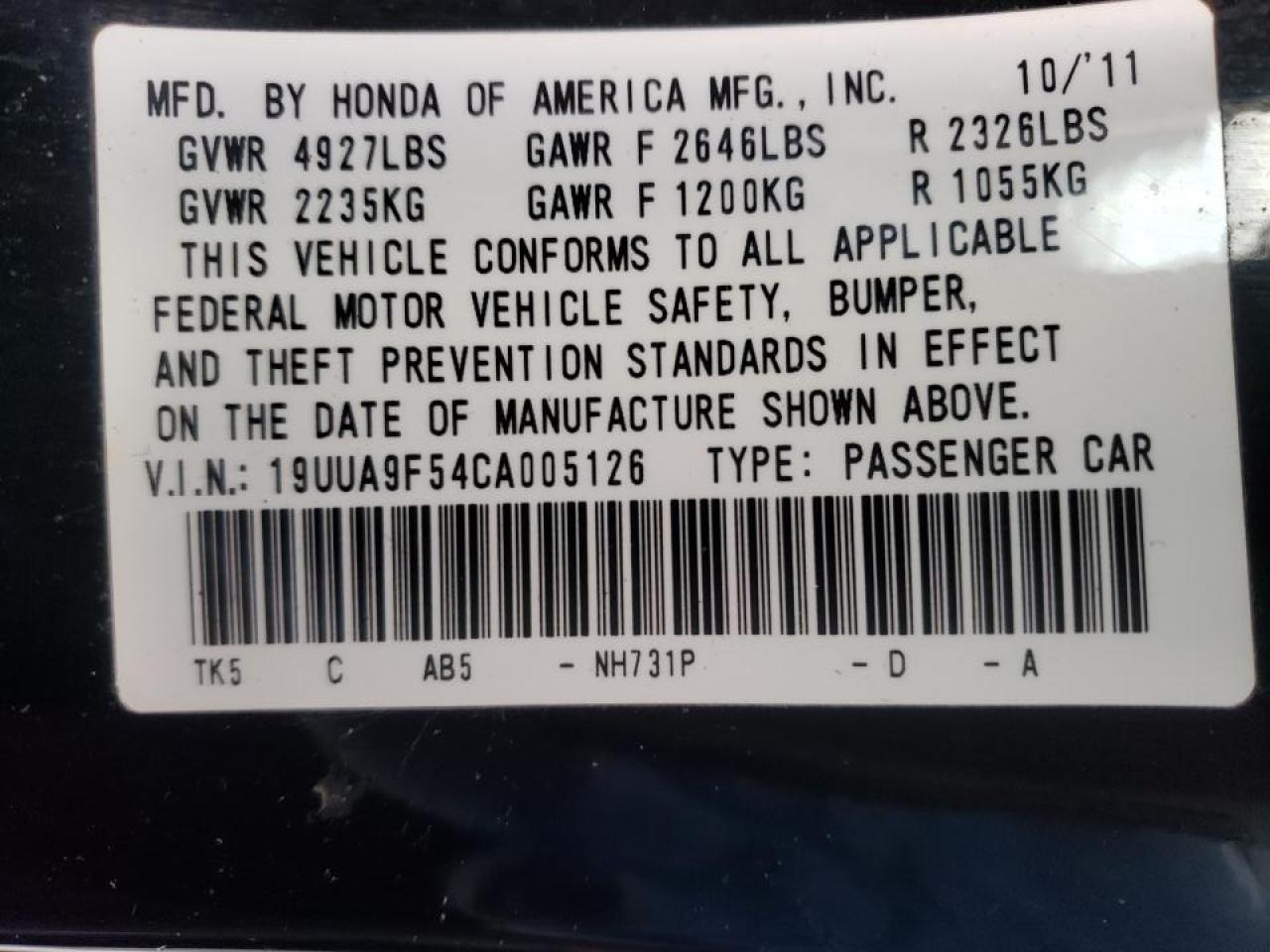 Photo 10 from auction – 2012 ACURA TL with VIN 19UUA9F54CA005126