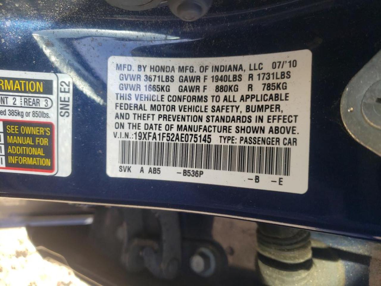 Photo 10 from auction – 2010 HONDA CIVIC LX with VIN 19XFA1F52AE075145