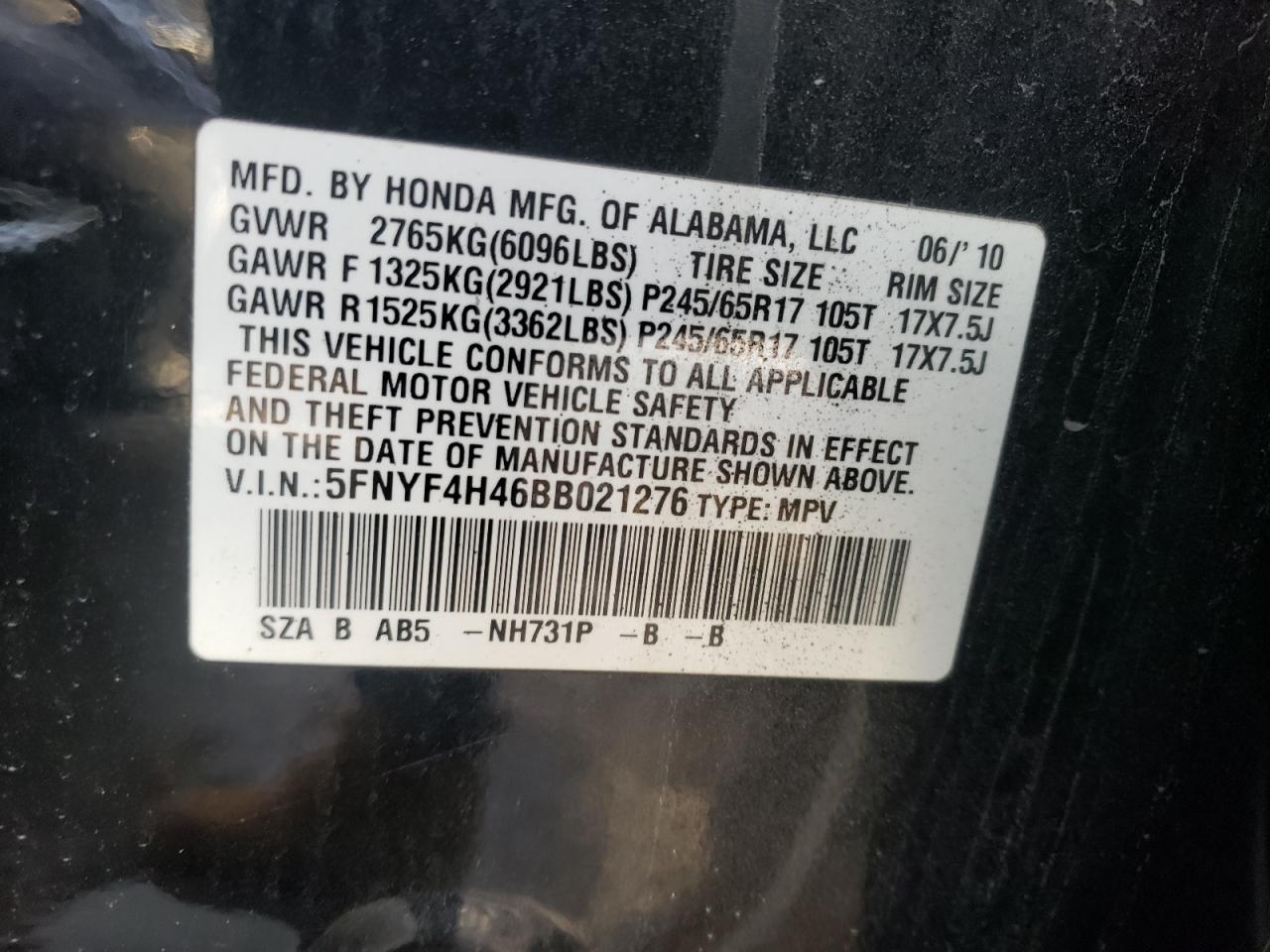 Photo 10 from auction – 2011 HONDA with VIN 5FNYF4H46BB021276