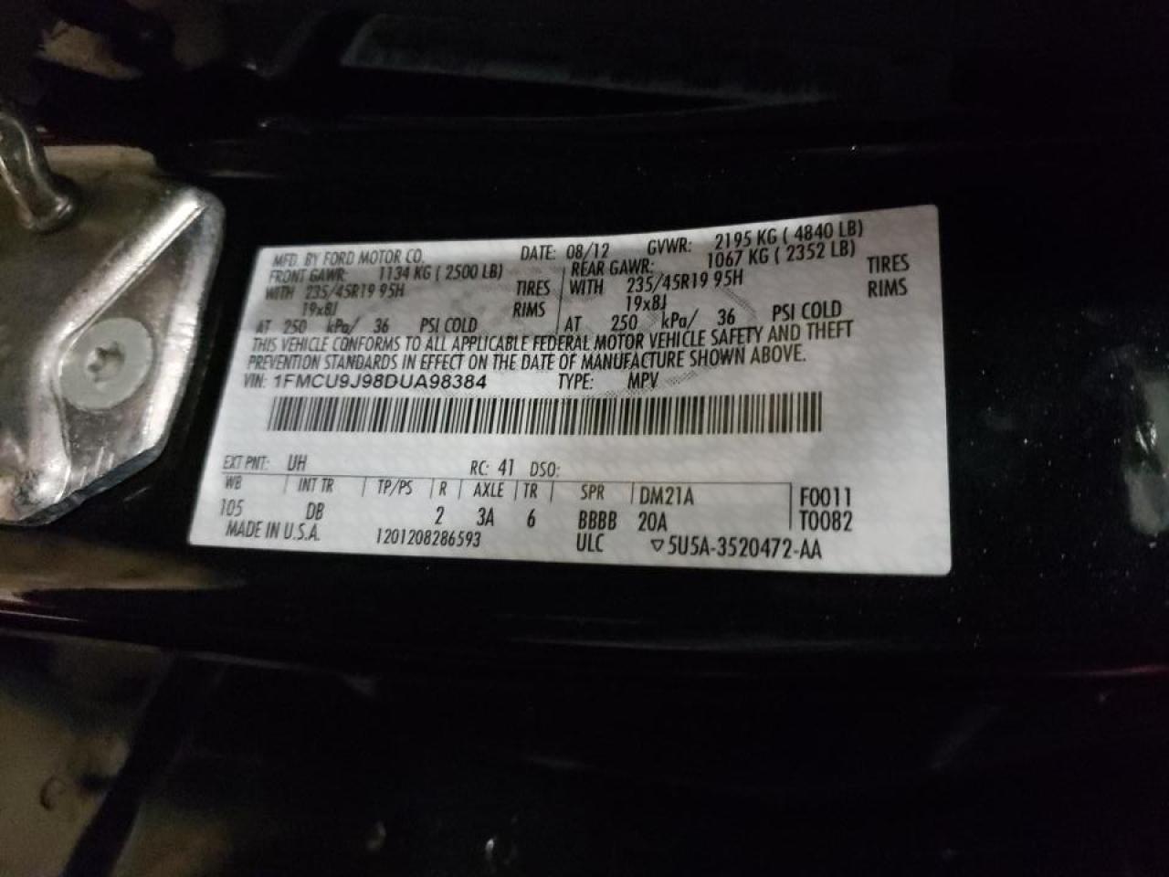 Photo 10 from auction – 2013 FORD ESCAPE TIT with VIN 1FMCU9J98DUA98384