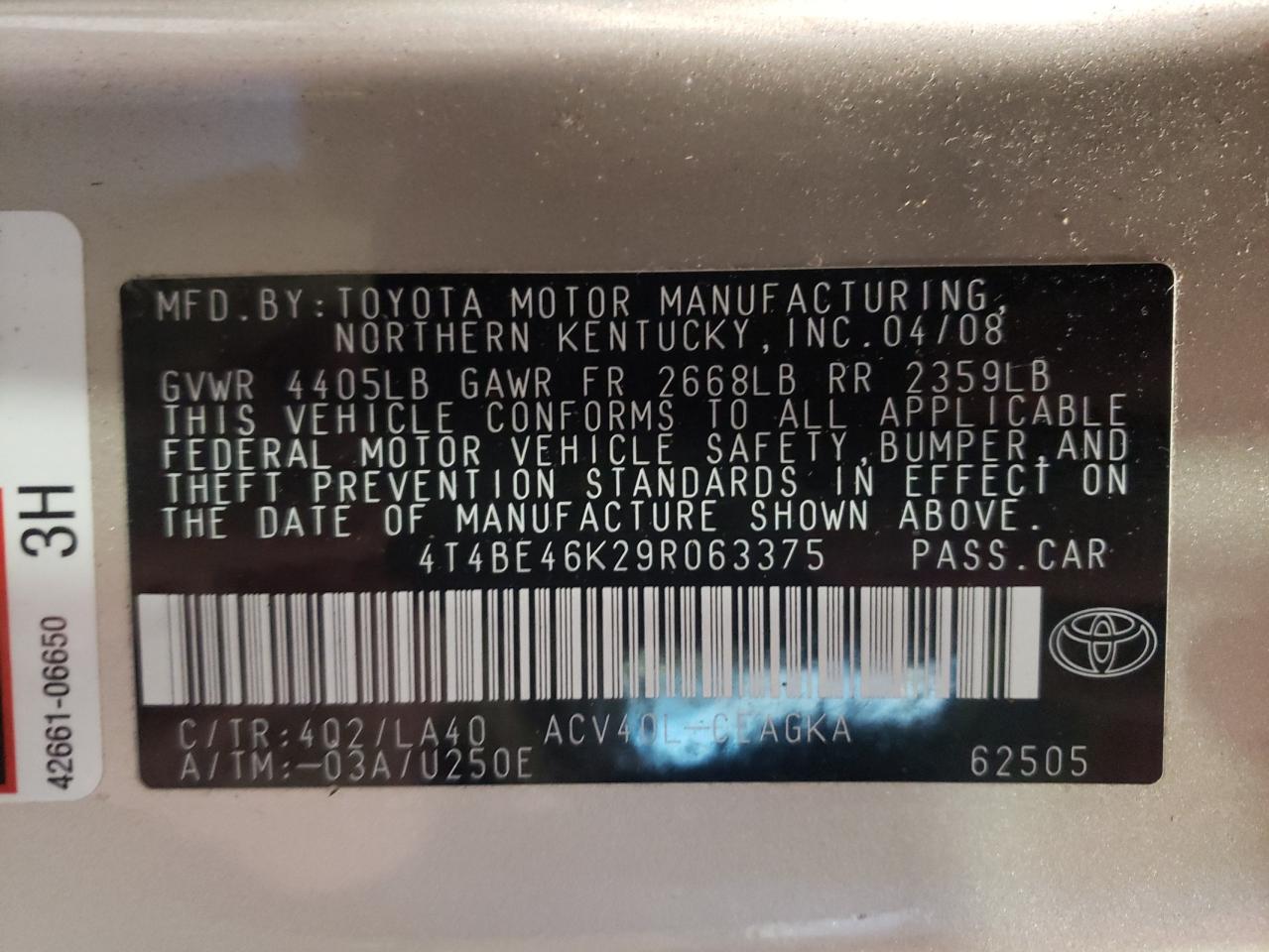 Photo 10 from auction – 2009 TOYOTA CAMRY BASE with VIN 4T4BE46K29R063375