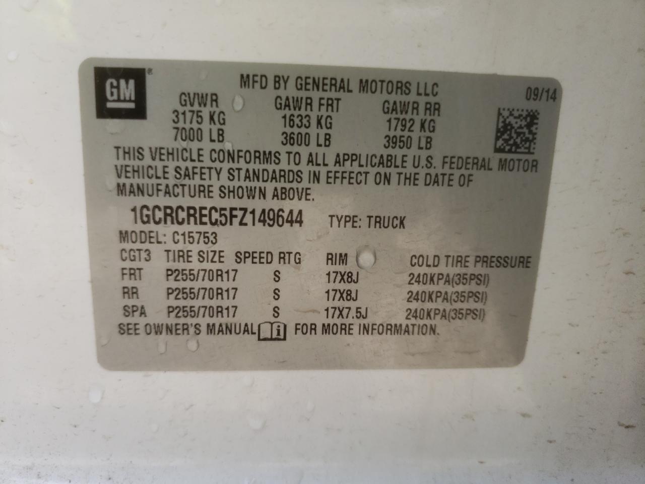 Photo 10 from auction – 2015 CHEVROLET SILVERADO with VIN 1GCRCREC5FZ149644