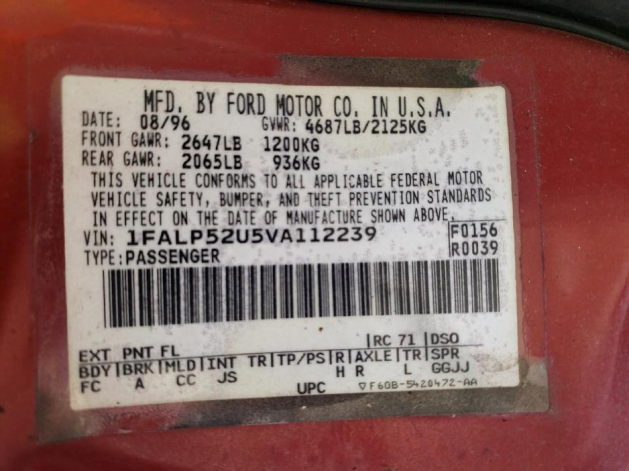 Photo 10 from auction – 1997 FORD TAURUS GL with VIN 1FALP52U5VA112239