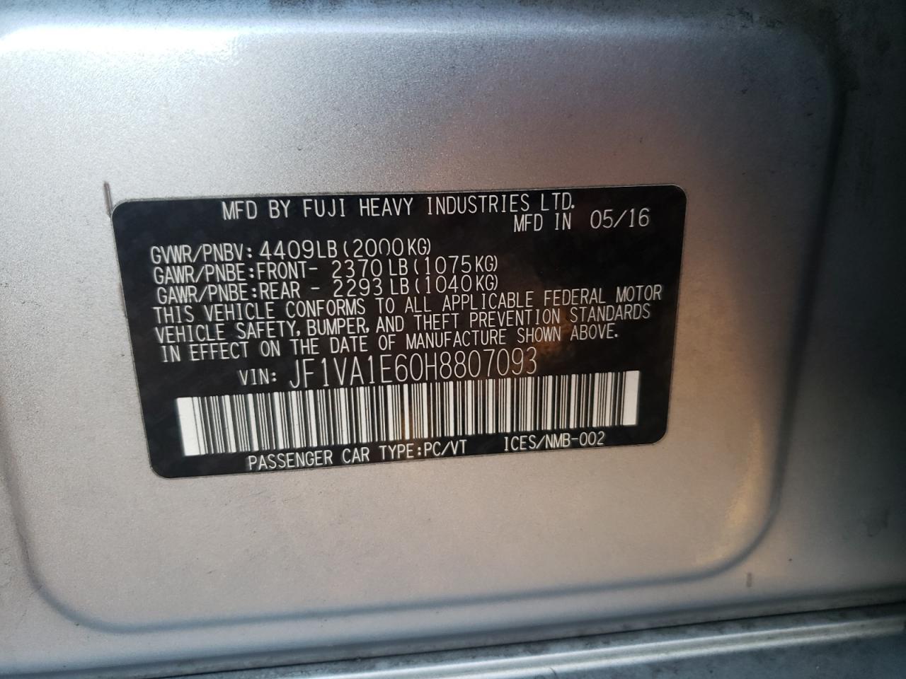 Photo 10 from auction – 2017 SUBARU WRX PREMIU with VIN JF1VA1E60H8807093