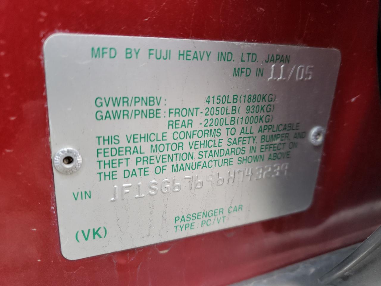 Photo 10 from auction – 2006 SUBARU FORESTER 2 with VIN JF1SG67696H743239