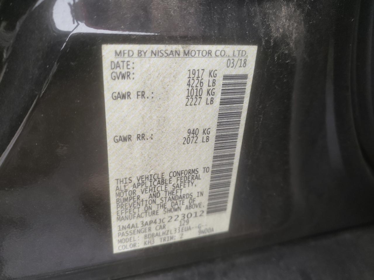 Photo 10 from auction – 2018 NISSAN ALTIMA 2.5 with VIN 1N4AL3AP4JC223012