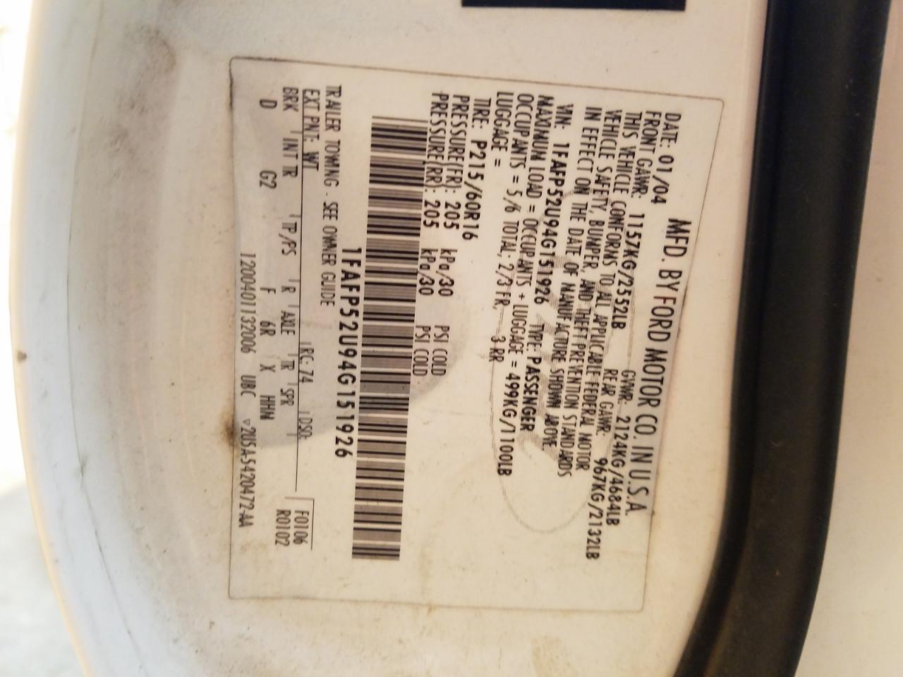 Photo 10 from auction – 2004 FORD TAURUS LX with VIN 1FAFP52U94G151926