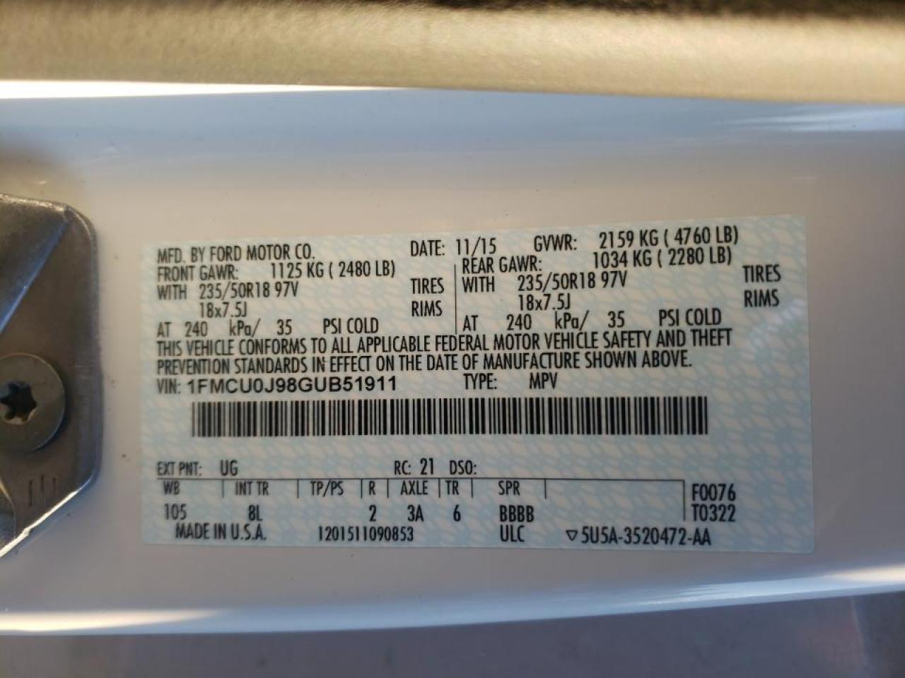 Photo 10 from auction – 2016 FORD ESCAPE TIT with VIN 1FMCU0J98GUB51911