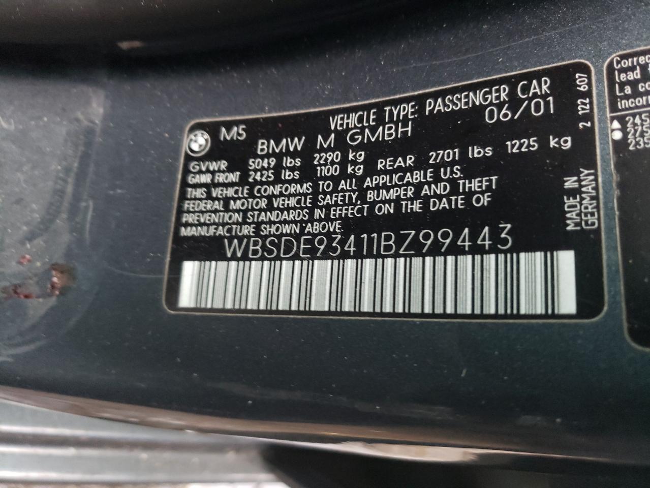 Photo 10 from auction – 2001 BMW M5 with VIN WBSDE93411BZ99443