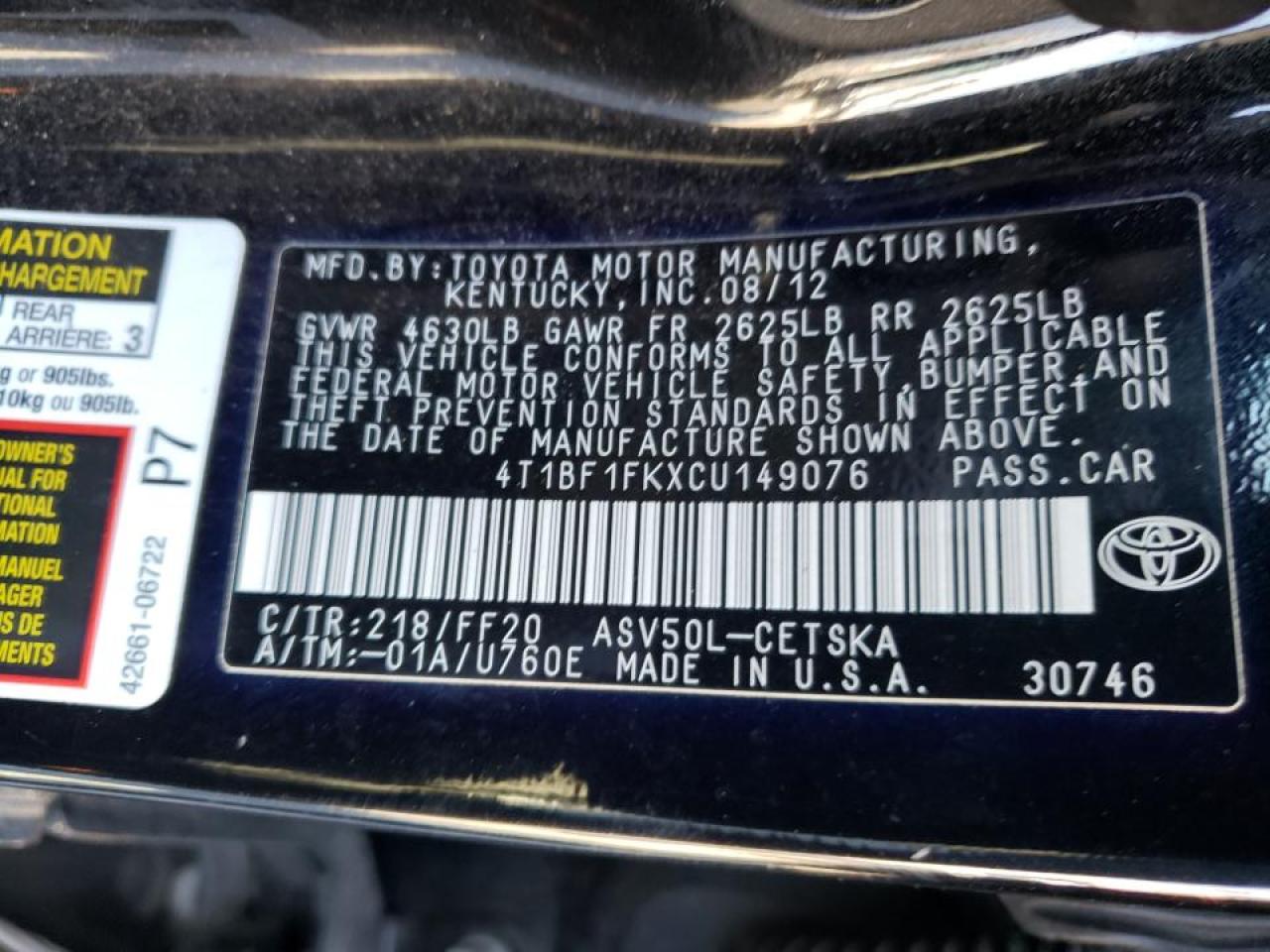Photo 10 from auction – 2012 TOYOTA CAMRY BASE with VIN 4T1BF1FKXCU149076