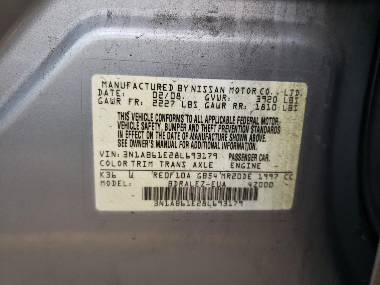 Photo 10 from auction – 2008 NISSAN SENTRA 2.0 with VIN 3N1AB61E28L693179