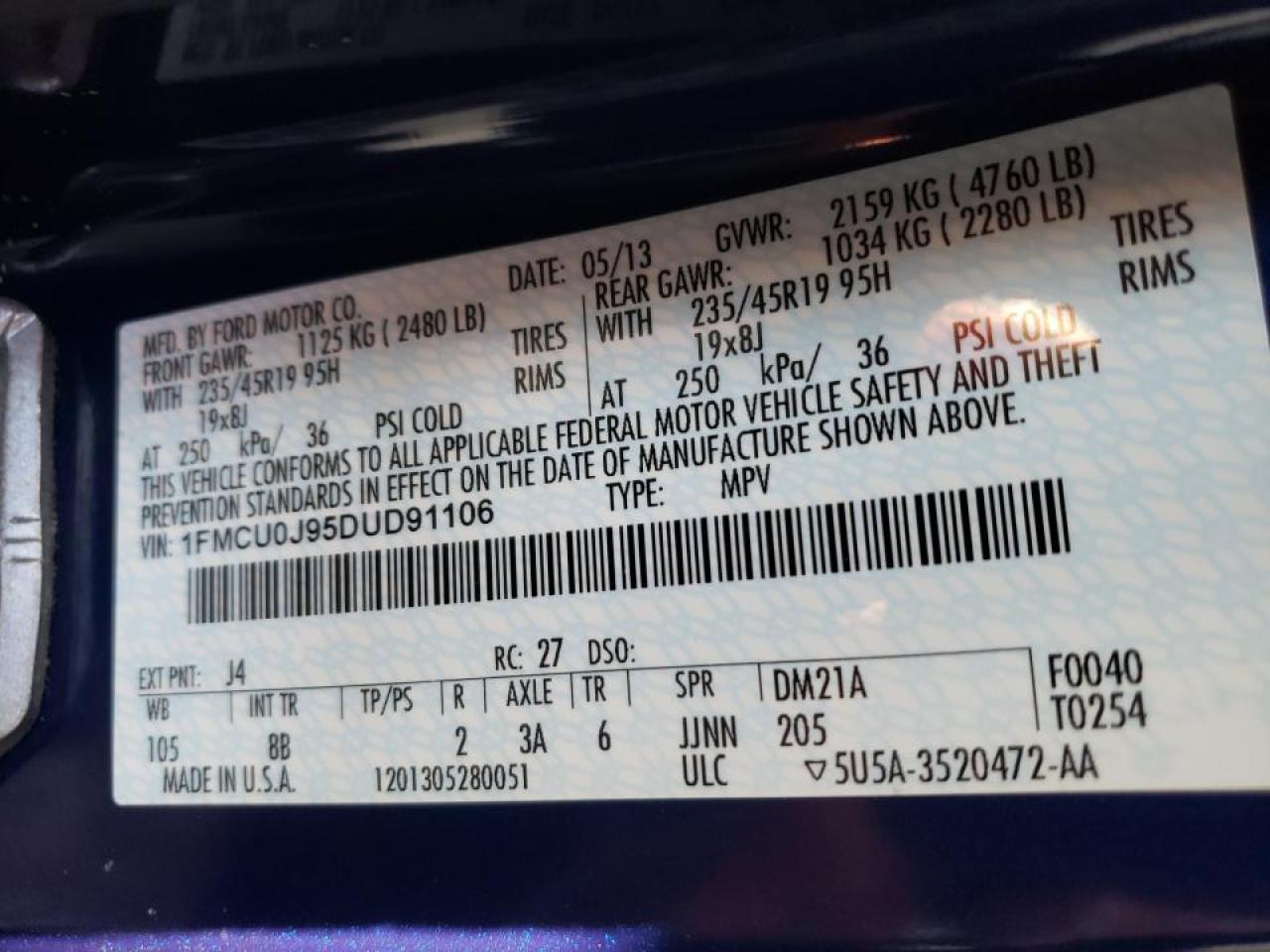 Photo 10 from auction – 2013 FORD ESCAPE TIT with VIN 1FMCU0J95DUD91106