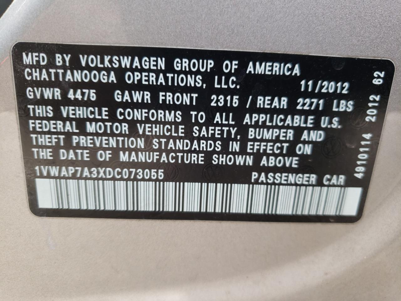Photo 10 from auction – 2013 VOLKSWAGEN PASSAT S with VIN 1VWAP7A3XDC073055