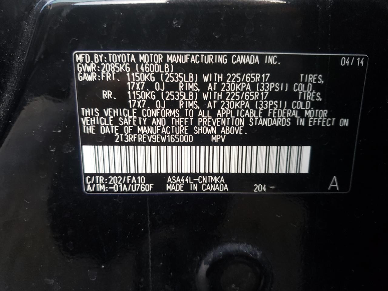 Photo 10 from auction – 2014 TOYOTA RAV4 XLE with VIN 2T3RFREV9EW165000