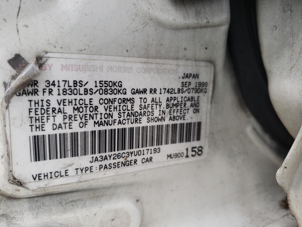Photo 10 from auction – 2000 MITSUBISHI MIRAGE DE with VIN JA3AY26C3YU017193