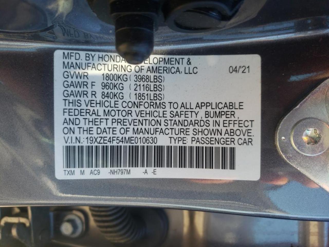 Photo 10 from auction – 2021 HONDA INSIGHT EX with VIN 19XZE4F54ME010630