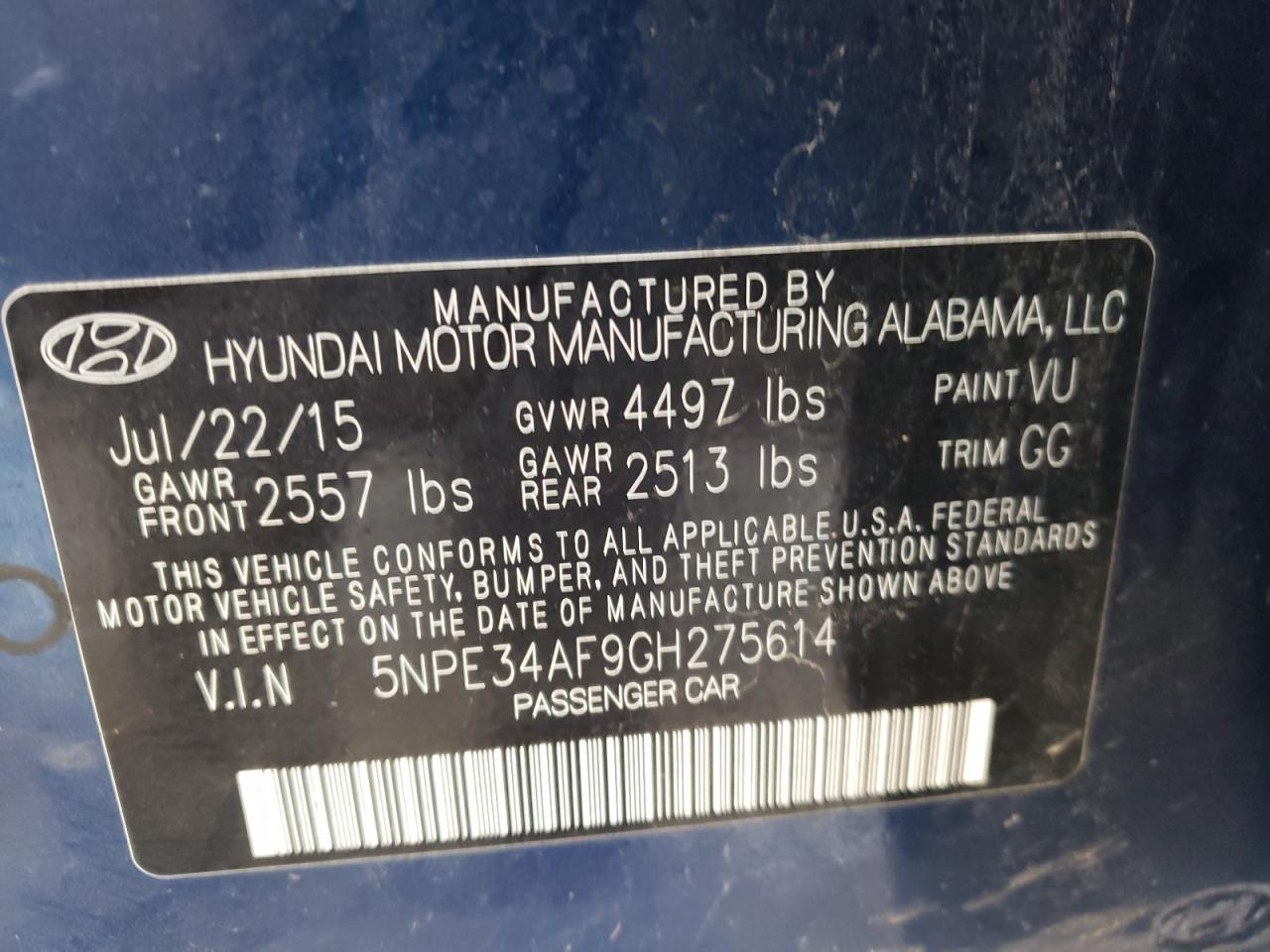 Photo 10 from auction – 2016 HYUNDAI SONATA SPO with VIN 5NPE34AF9GH275614