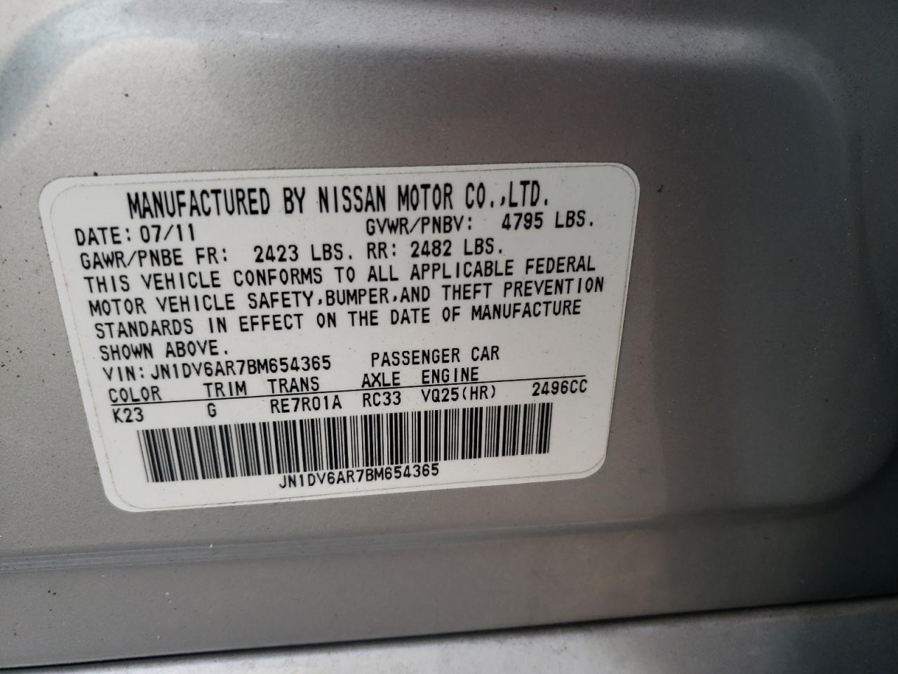 Photo 10 from auction – 2011 INFINITI G25 with VIN JN1DV6AR7BM654365