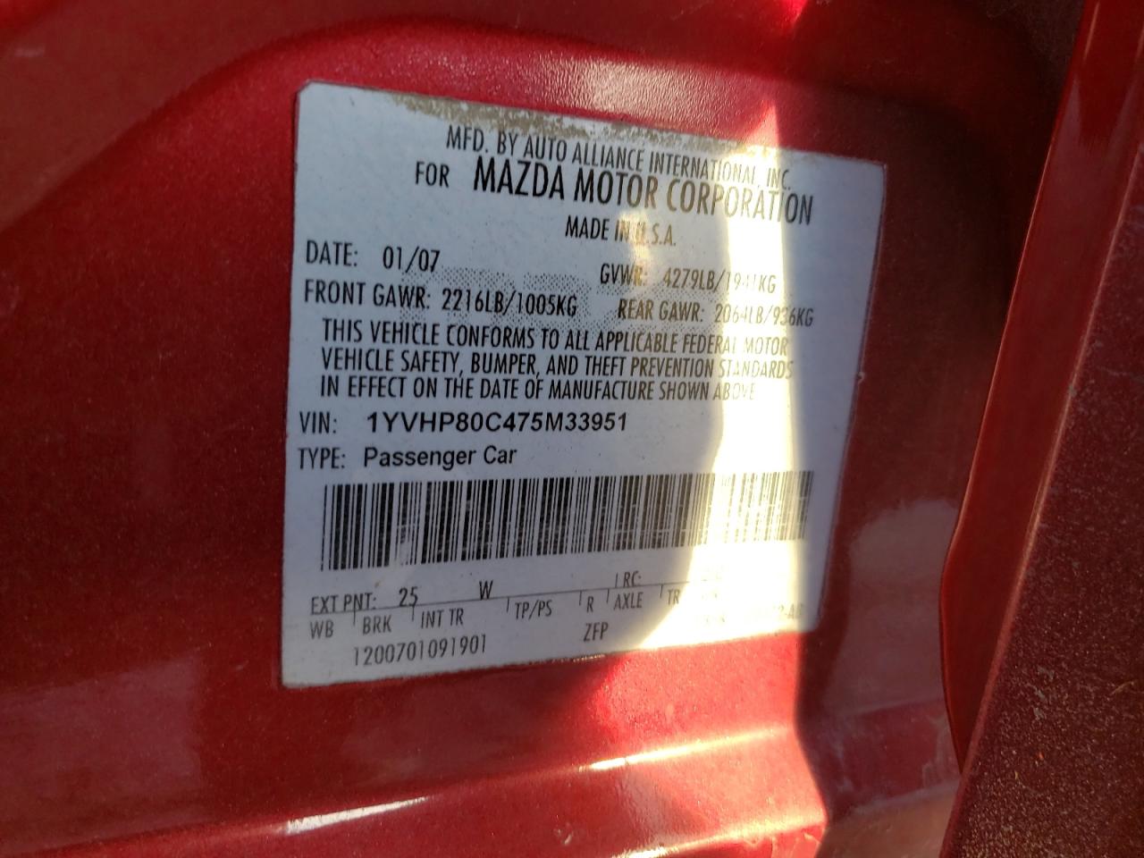 Photo 10 from auction – 2007 MAZDA 6 with VIN 1YVHP80C475M33951