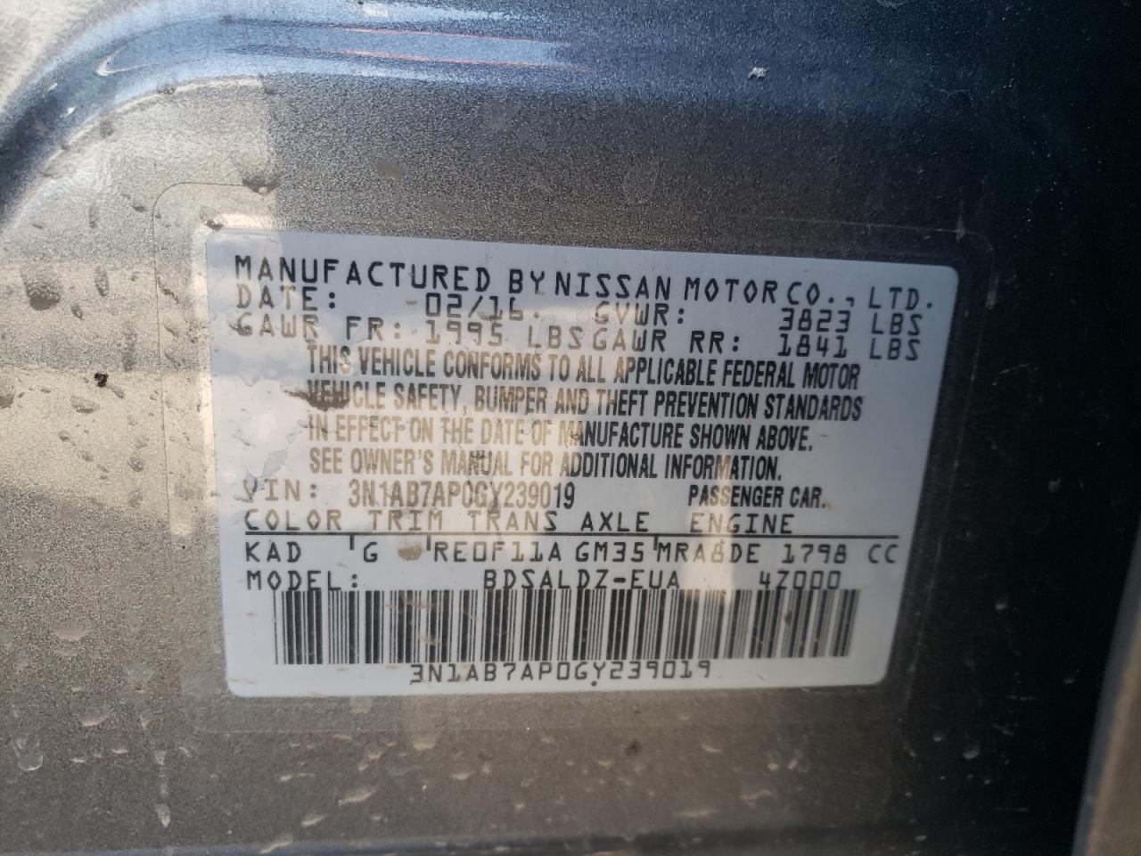 Photo 10 from auction – 2016 NISSAN SENTRA S with VIN 3N1AB7AP0GY239019