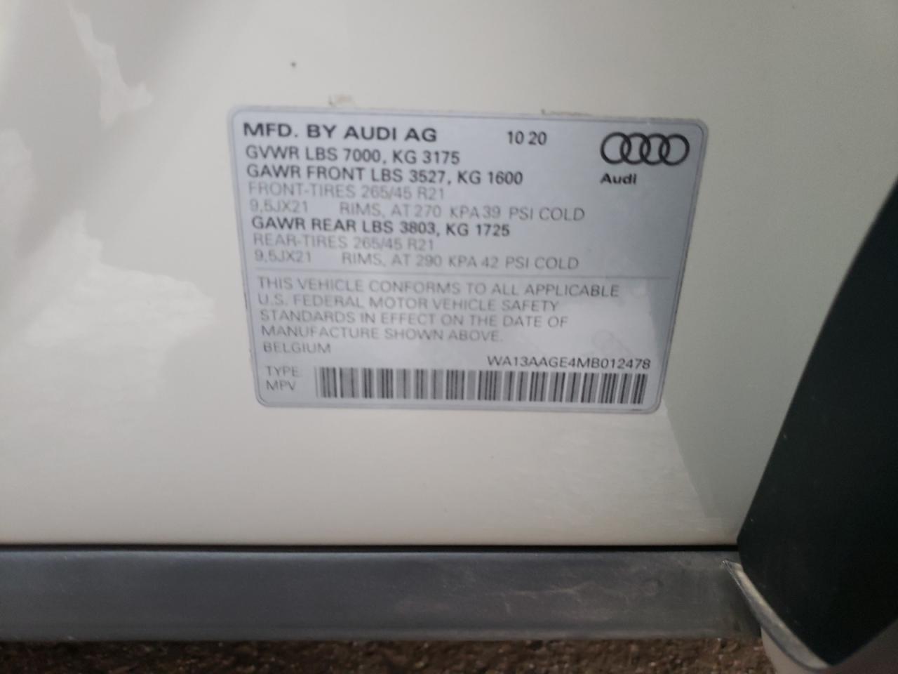 Photo 10 from auction – 2021 AUDI E-TRON SPO with VIN WA13AAGE4MB012478