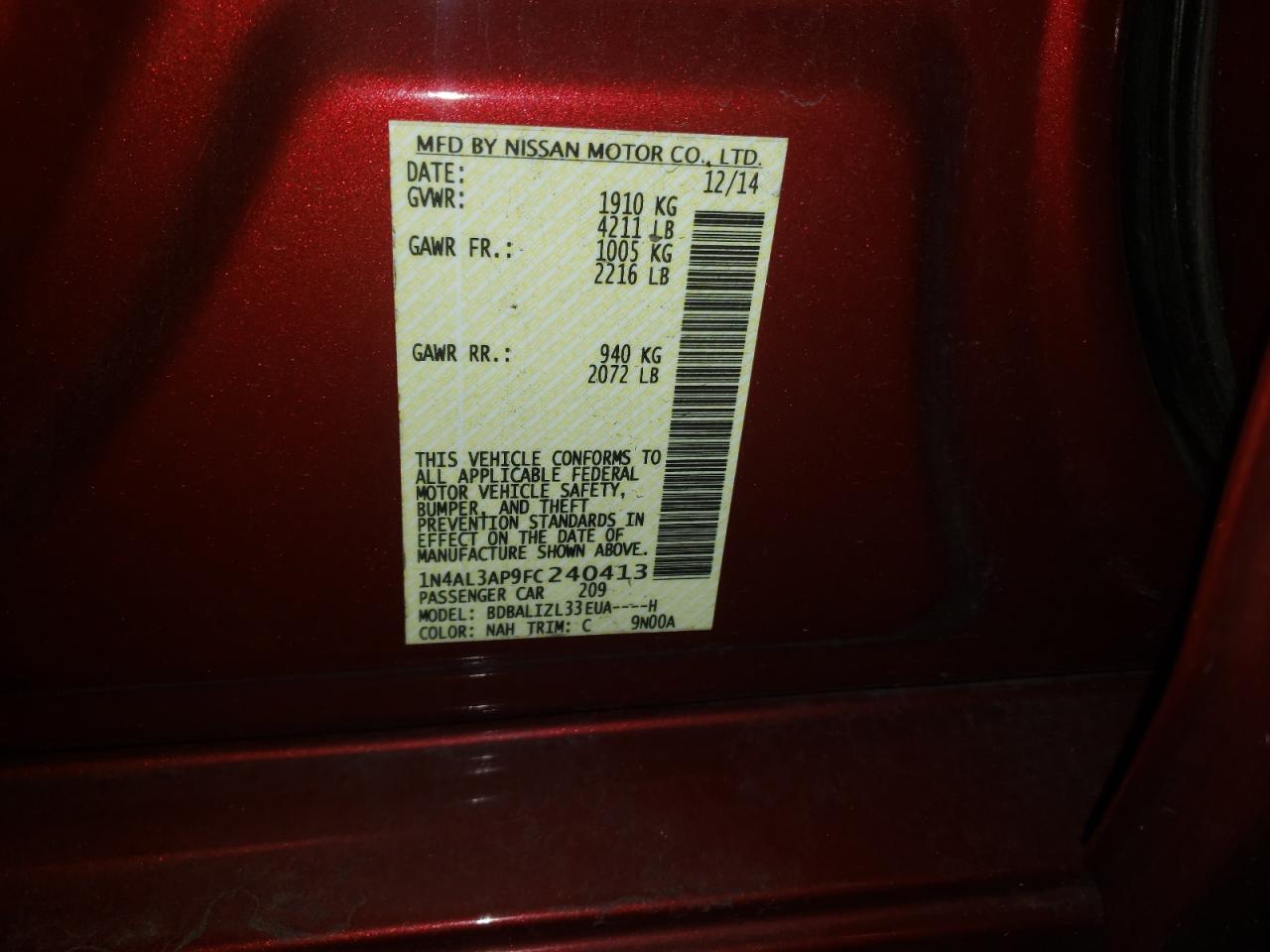 Photo 10 from auction – 2015 NISSAN ALTIMA 2.5 with VIN 1N4AL3AP9FC240413