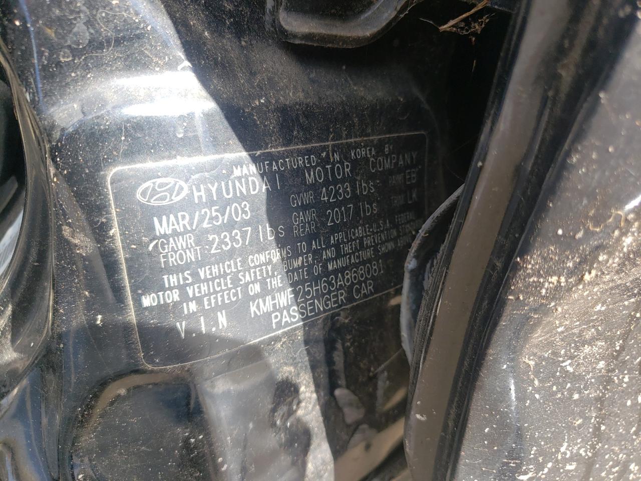 Photo 10 from auction – 2003 HYUNDAI SONATA GL with VIN KMHWF25H63A868081