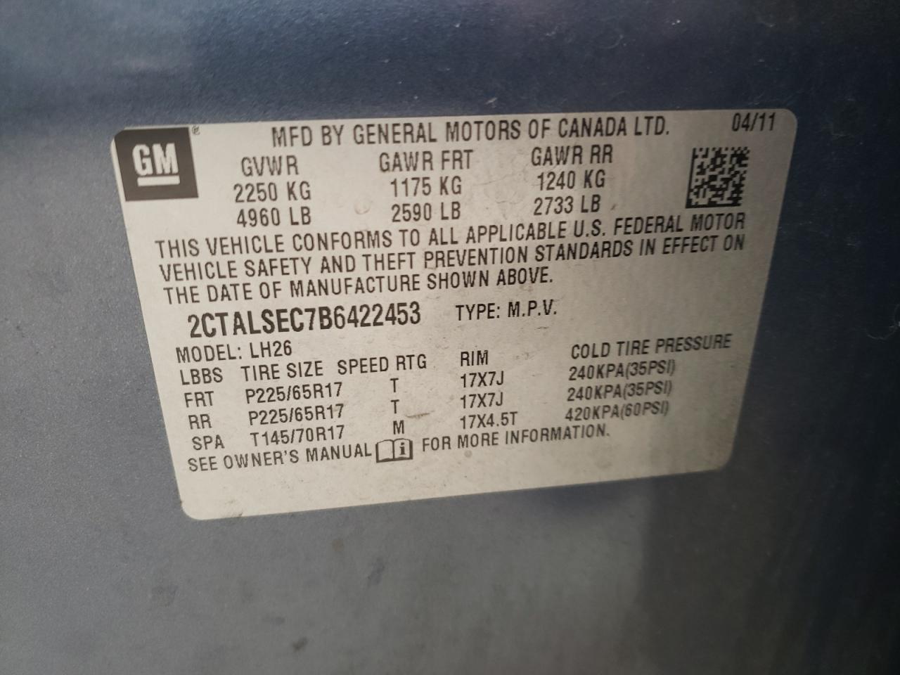 Photo 10 from auction – 2011 GMC TERRAIN SL with VIN 2CTALSEC7B6422453