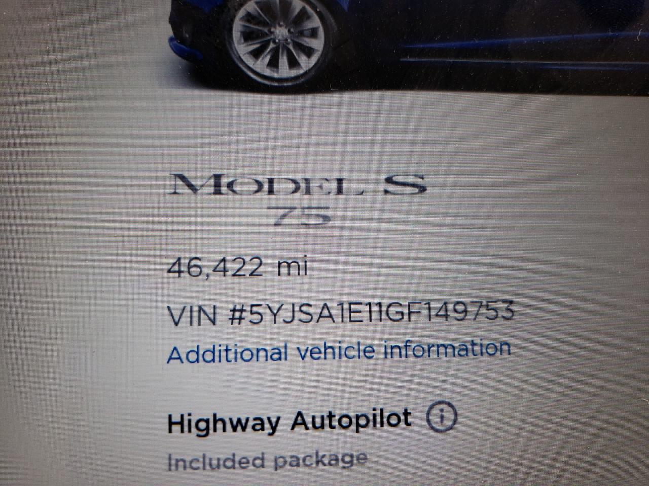 Photo 8 from auction – 2016 TESLA MODEL S with VIN 5YJSA1E11GF149753