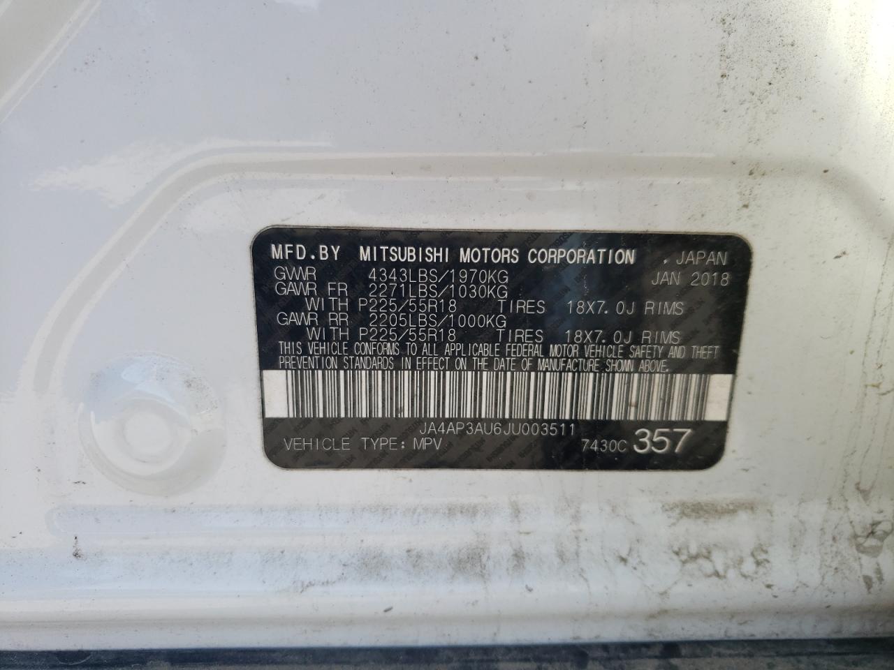 Photo 10 from auction – 2018 MITSUBISHI OUTLANDER with VIN JA4AP3AU6JU003511