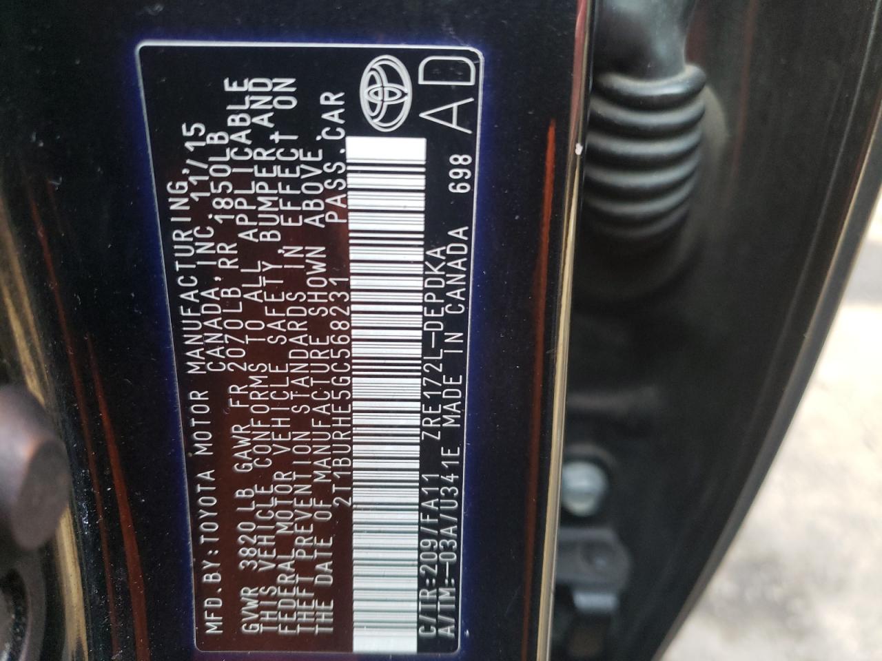 Photo 10 from auction – 2016 TOYOTA COROLLA L with VIN 2T1BURHE5GC568231