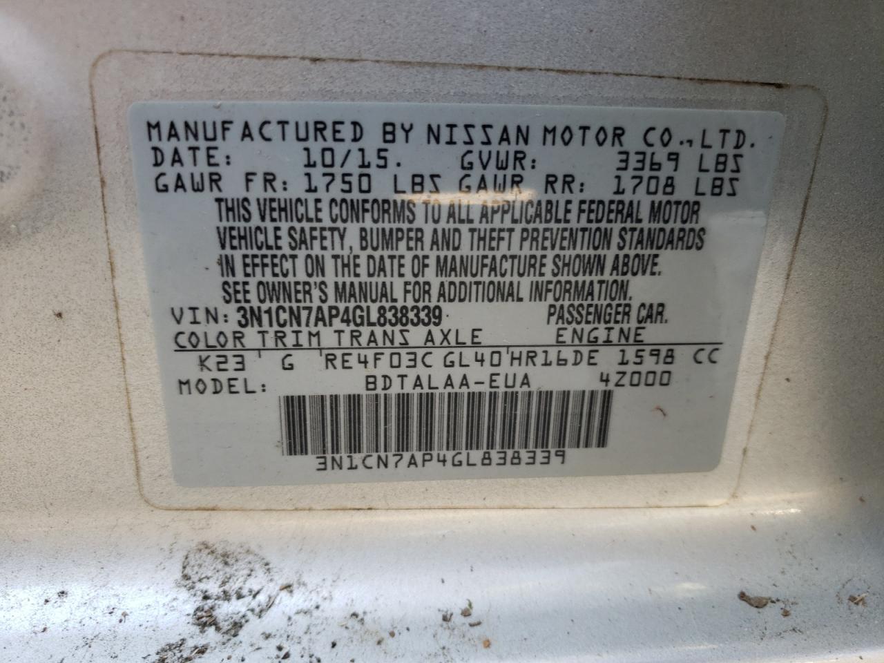 Photo 10 from auction – 2016 NISSAN VERSA S with VIN 3N1CN7AP4GL838339