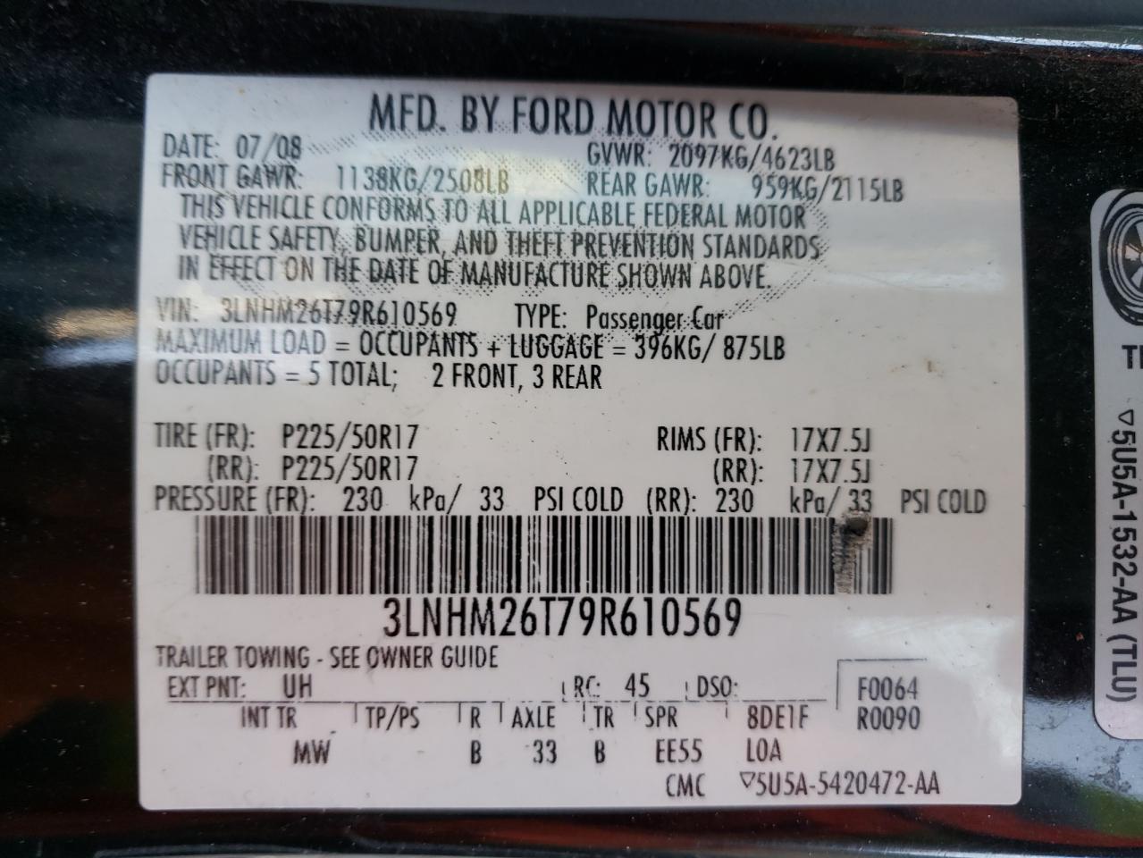 Photo 10 from auction – 2009 LINCOLN MKZ with VIN 3LNHM26T79R610569