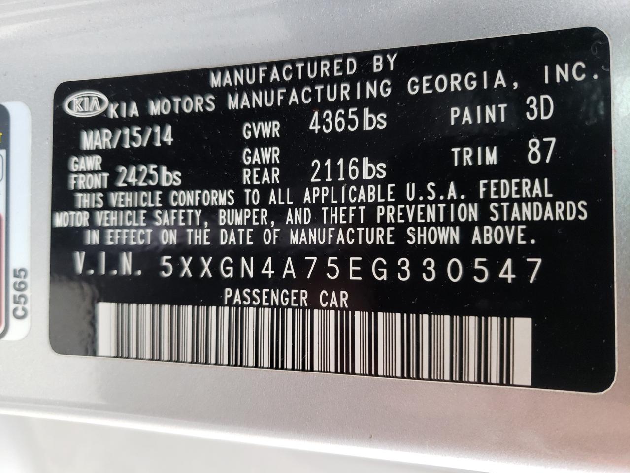 Photo 10 from auction – 2014 KIA OPTIMA EX with VIN 5XXGN4A75EG330547