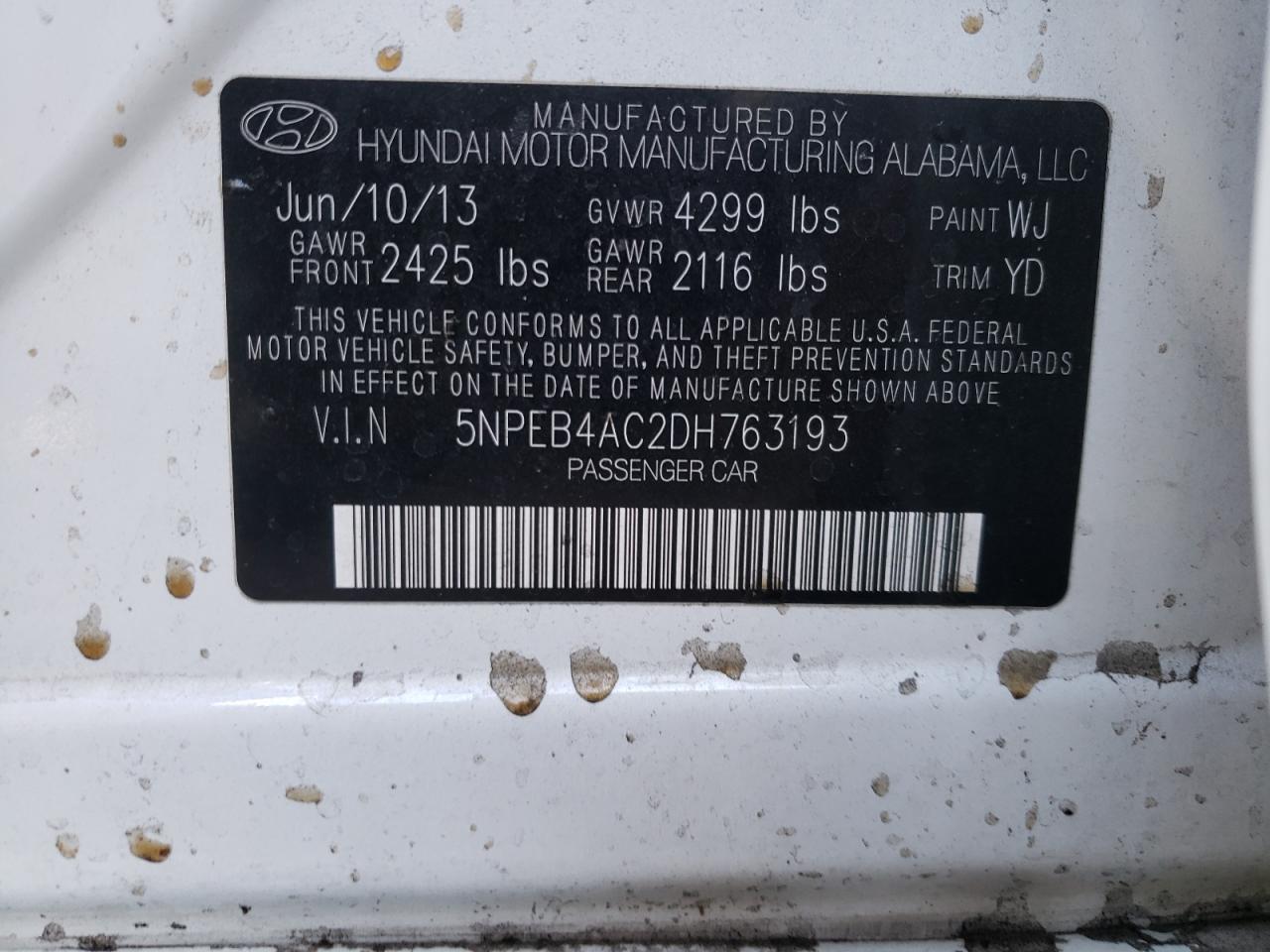 Photo 10 from auction – 2013 HYUNDAI SONATA GLS with VIN 5NPEB4AC2DH763193